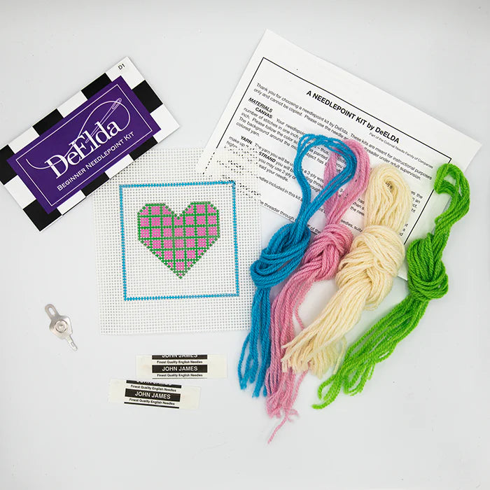 DeElda Beginner Needlepoint Kit-Pink and Green Heart