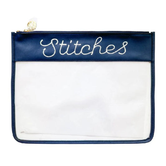 Large Stitches Clear Zip Pouch-Navy