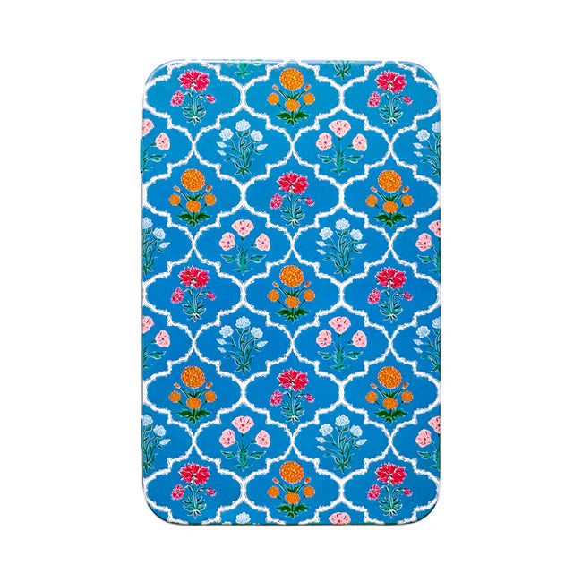 Printed Tin Box with Magnet-Block Print Florals Blue