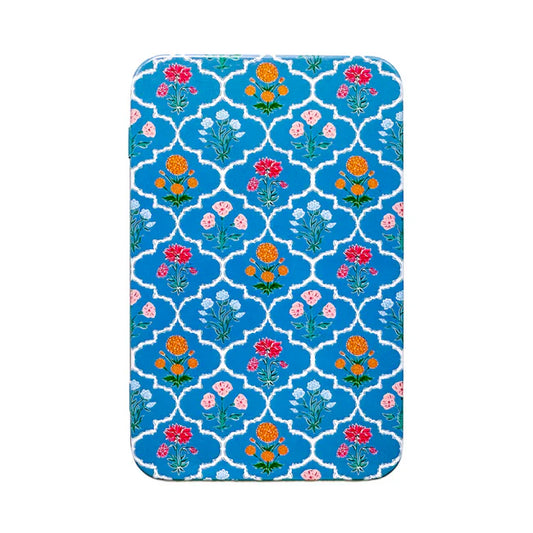 Printed Tin Box with Magnet-Block Print Florals Blue