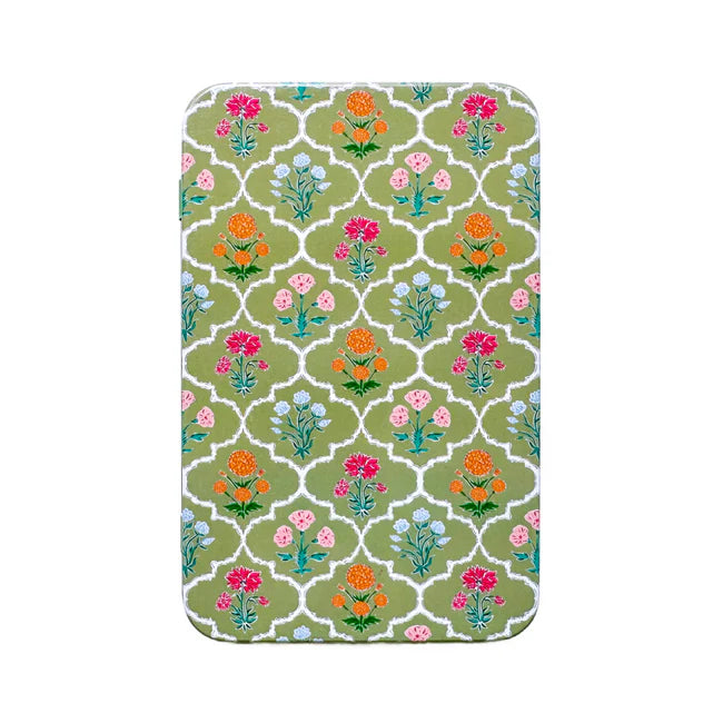 Printed Tin Box with Magnet-Block Print Florals Green