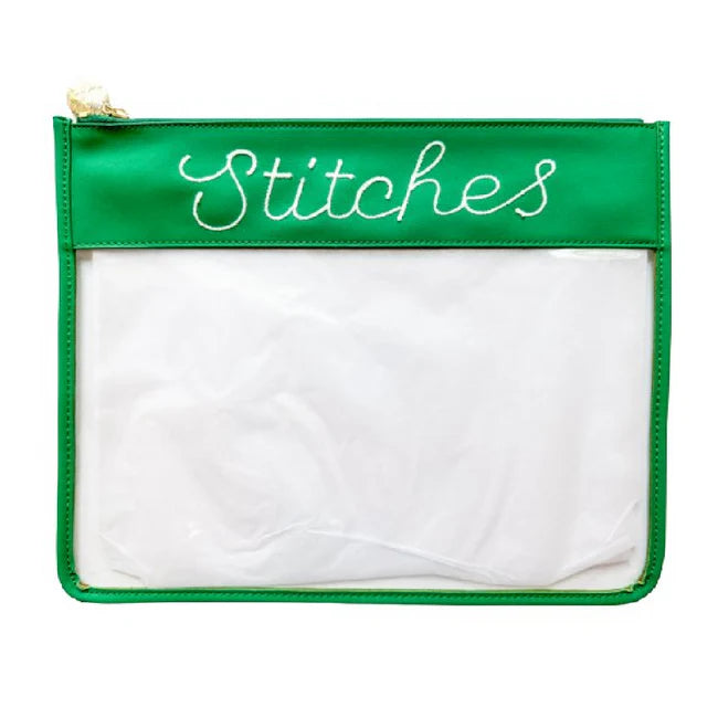 Large Stitches Clear Zip Pouch-Green