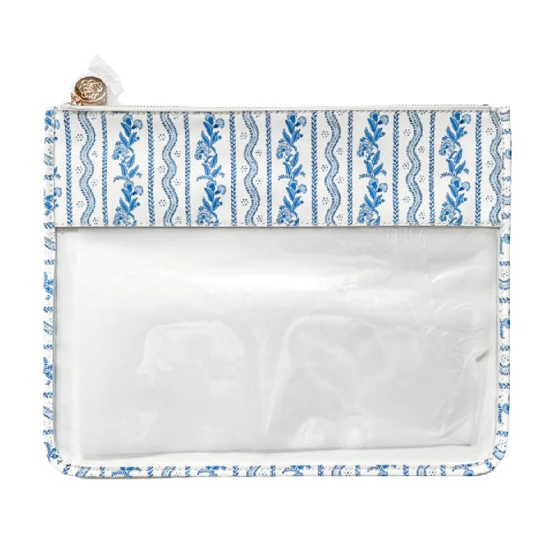 Large Emma Stripe Clear Zip Pouch-Blue