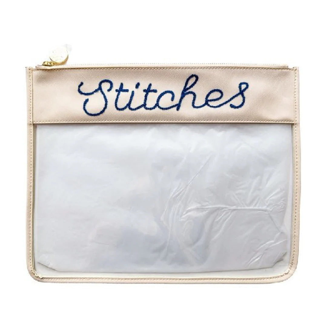 Large Stitches Clear Zip Pouch-White