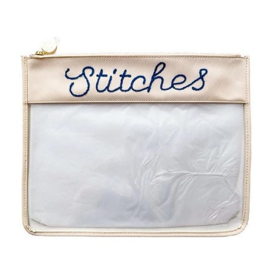 Large Stitches Clear Zip Pouch-White